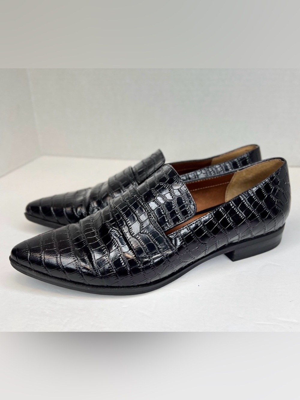Franco Sarto Laurence Black Polished Croc-Embossed Pointed Toe Loafers W Sz 8